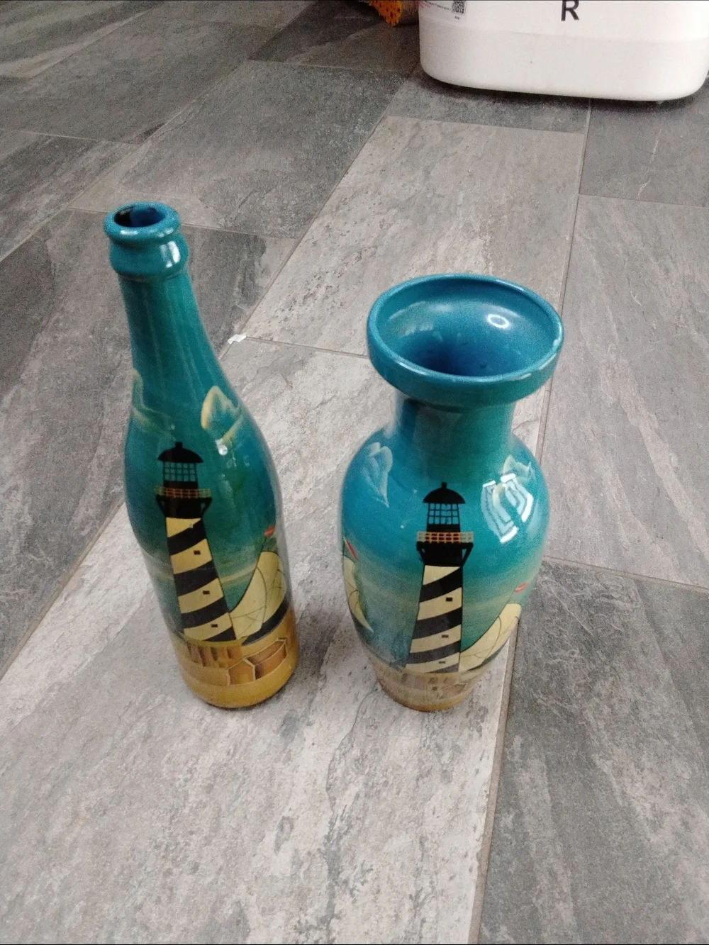 Turquoise Lighthouse Paintrd Glass Bottle And Vase - Home Accents